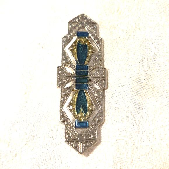 Vtg Art Deco Style Silvertone Brooch Turquoise Enamel Bowtie Design Scarf Pin - Picture 6 of 6